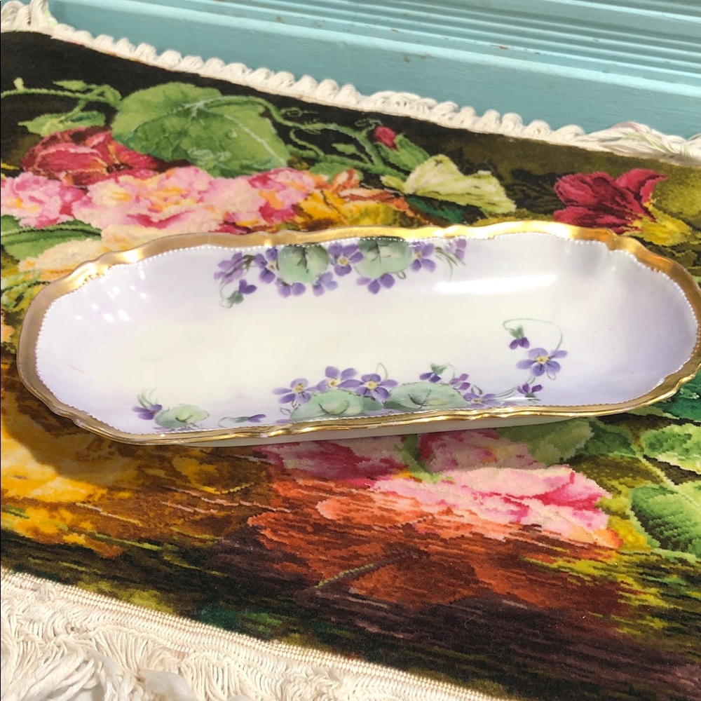 💜Vintage Gold-Edged Floral Relish Dish Austria